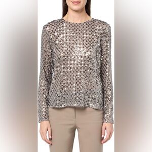 BUP Sequin Long-Sleeve Crewneck Mesh Top - Silver - size XS